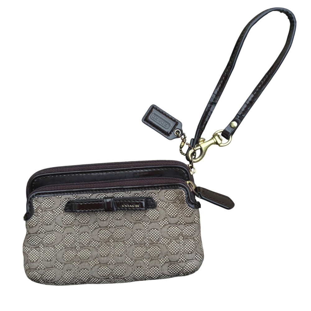 Vintage Coach Signature Jacquard Double Zip Wristlet Brown Patent Leather Bow